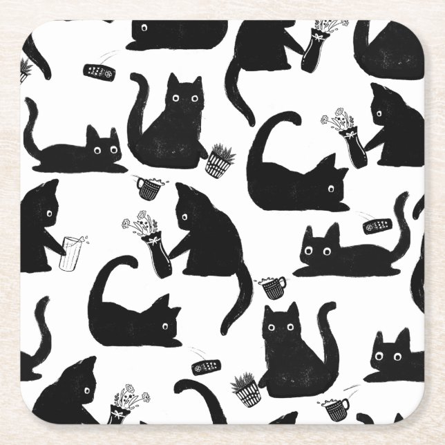 Posavasos Cuadrado De Papel Gatos malos golpeando a las cosas (Anverso)