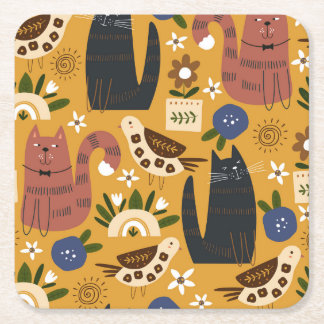 Posavasos Cuadrado De Papel Gatos y pájaros vintage, mano arrastrada.