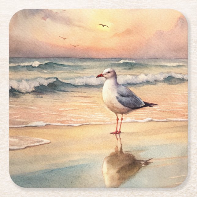 Posavasos Cuadrado De Papel Gaviota en una playa (Anverso)