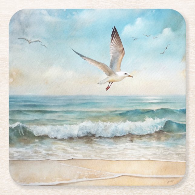 Posavasos Cuadrado De Papel Gaviotas volando en una playa (Anverso)