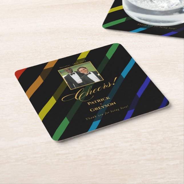 Posavasos Cuadrado De Papel Gay Men Wedding Photo Elegant Rainbow (En perspectiva)