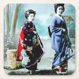 Posavasos Cuadrado De Papel Geisha y su 芸者舞妓 Japón viejo del vintage 