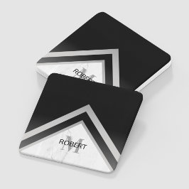 Posavasos Cuadrado De Papel Geométrico Monogramado de Mármol de Plata Negra