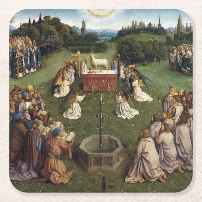 Posavasos Cuadrado De Papel Ghent Altarpiece (detalle), Van Eyck Brothers (Anverso)