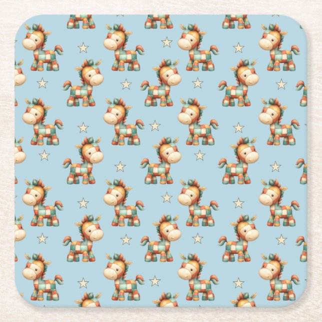 Posavasos Cuadrado De Papel Giddy-Up Patchwork Pony Birthday (Anverso)