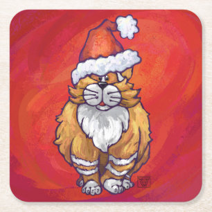 Posavasos Cuadrado De Papel Ginger Cat Navidades En Rojo