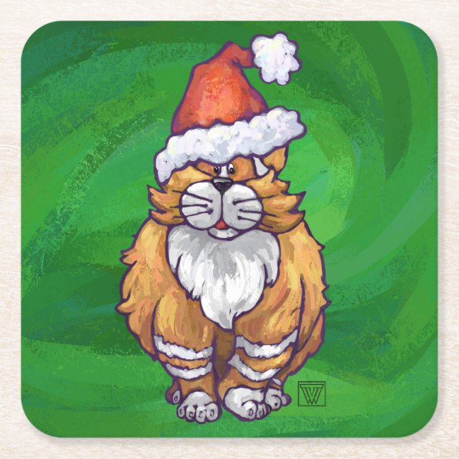 Posavasos Cuadrado De Papel Ginger Cat Navidades En Verde (Anverso)