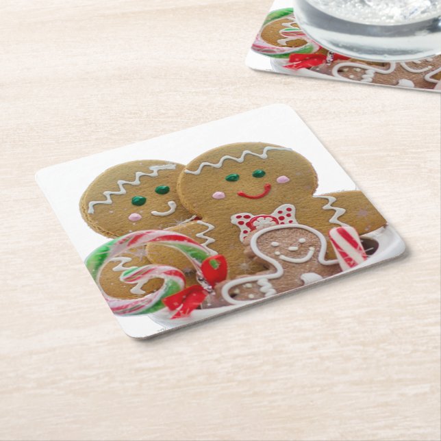 Posavasos Cuadrado De Papel Gingerbread Men Family Christmas (En perspectiva)