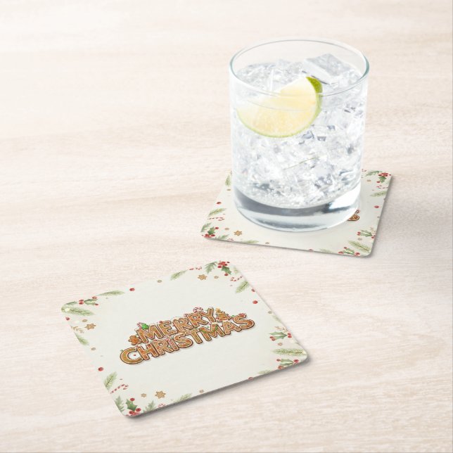 Posavasos Cuadrado De Papel Gingerbread “Merry Christmas” Holiday Coasters (In situ)