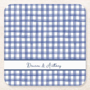 Posavasos Cuadrado De Papel Gingham azul náutico de verano, 4 de julio a cuadr