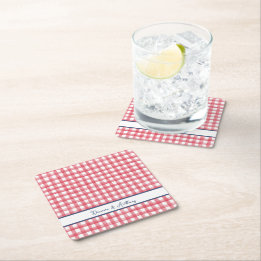 Posavasos Cuadrado De Papel Gingham Rojo de Verano, Cuadros del 4 de Julio