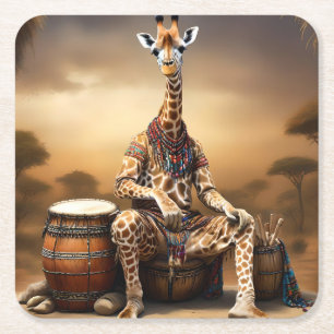 Posavasos Cuadrado De Papel Giraffe Grooves: Una serenata de bongo en la saban