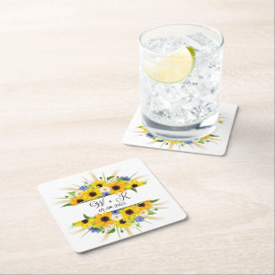 Posavasos Cuadrado De Papel Girasol Acuarela Floral Otoño Elegante Boda