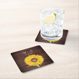 Posavasos Cuadrado De Papel Girasol Acuarela Floral Otoño Madera Boda