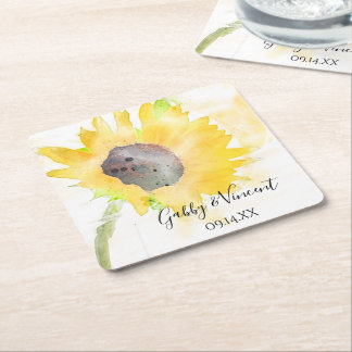 Posavasos Cuadrado De Papel Girasol amarillo en Boda de color blanco