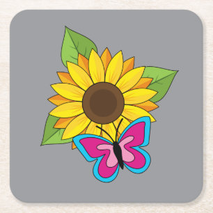 Posavasos Cuadrado De Papel Girasol amarillo y mariposa azul rosa