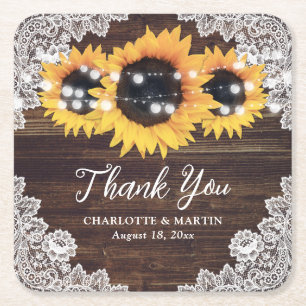 Posavasos Cuadrado De Papel Girasol de Encaje de Madera Rústica Agradecimiento