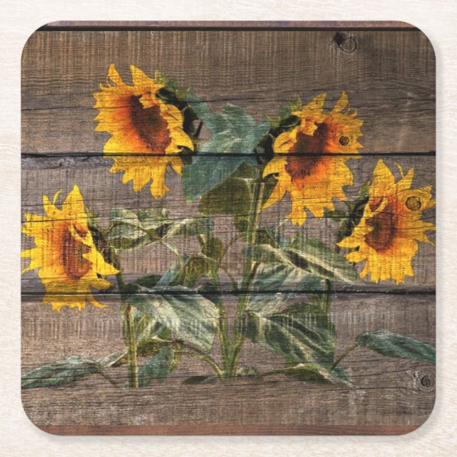 Posavasos Cuadrado De Papel Girasol de madera de grano rústico (Anverso)
