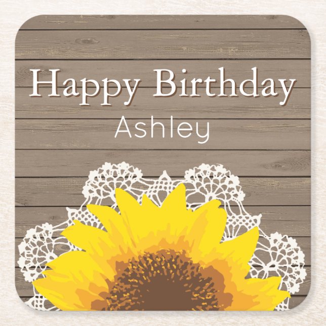 Posavasos Cuadrado De Papel Girasol, encaje y madera personalizados (Anverso)
