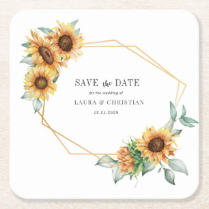 Posavasos Cuadrado De Papel Girasol Floral Oro Geométrico Save the Date