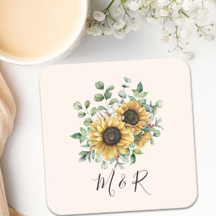 Posavasos Cuadrado De Papel Girasol Rústico Vintage Acuarela Monogramado