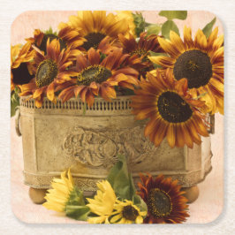 Posavasos Cuadrado De Papel Girasoles anaranjados en cesta de la lata