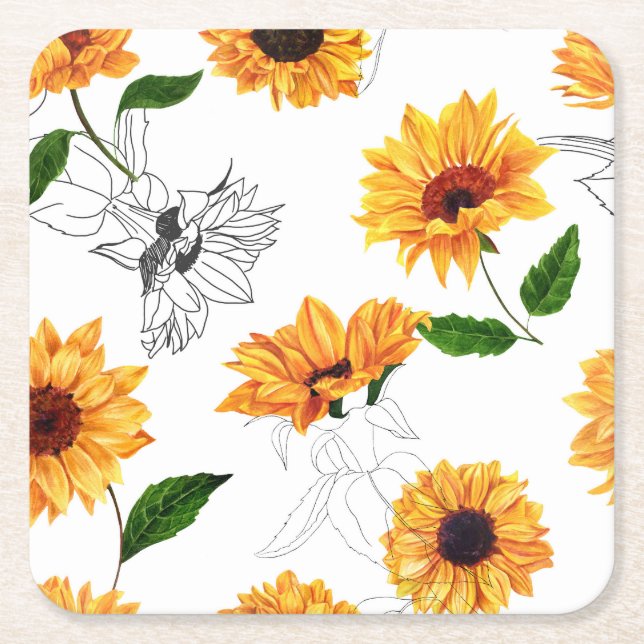 Posavasos Cuadrado De Papel girasoles dibujados a mano: patrón amarillo vibran (Anverso)