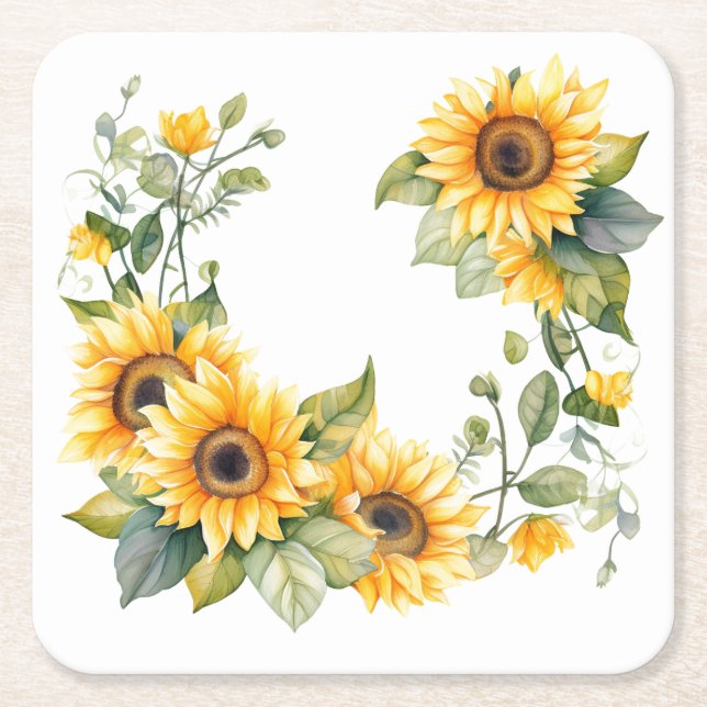 Posavasos Cuadrado De Papel Girasoles dorados: Castillos Bodas personalizados (Anverso)