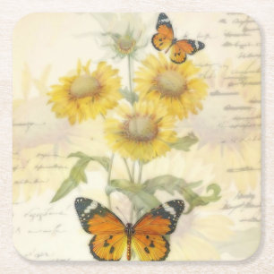Posavasos Cuadrado De Papel Girasoles y mariposa