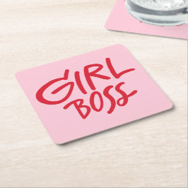 Posavasos Cuadrado De Papel Girl Boss Bold Typography Red & Pink Feminine
