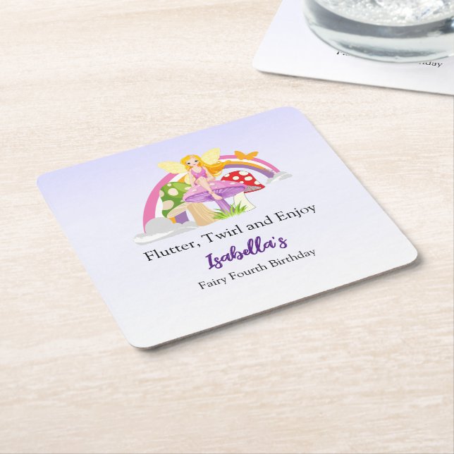 Posavasos Cuadrado De Papel Girls Fairy Mushroom Rainbow Birthday  (En perspectiva)