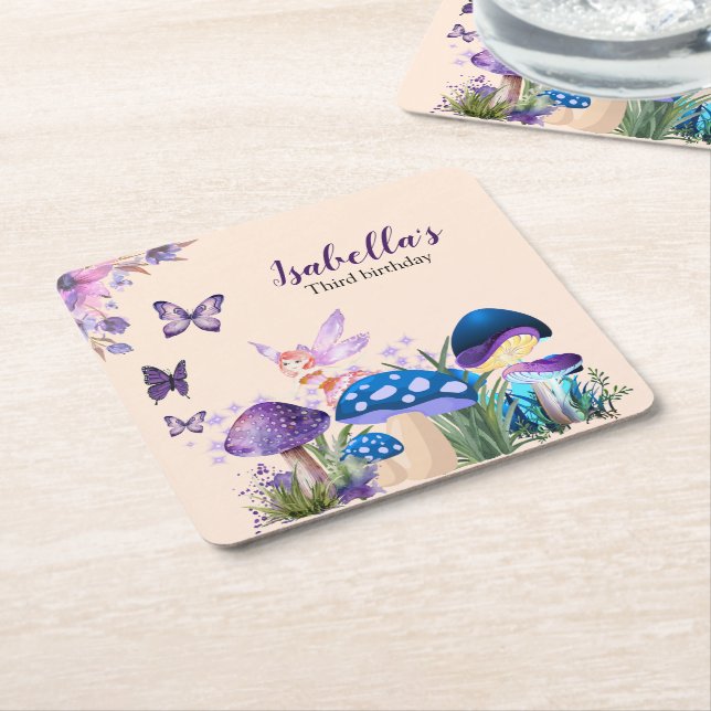 Posavasos Cuadrado De Papel Girls Fairy Purple Mushroom Butterfly Birthday (En perspectiva)