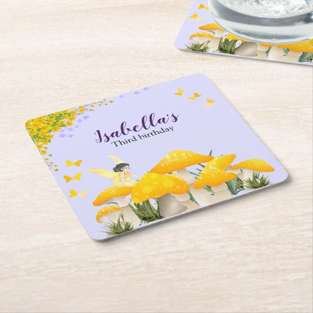 Posavasos Cuadrado De Papel Girls Fairy Yellow Mushroom Butterfly Birthday (En perspectiva)