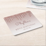 Posavasos Cuadrado De Papel Girly Rosa Purpurina de oro Drip 80th Birthday Par<br><div class="desc">Estas tardes de papel de moda, de 80 años femeninas, presentan una rosa brillante de purpurina de imitación de oro con borde de goteo y un fondo oscuro de oro subió. Personalízalos con el nombre del invitado de honor en escritura manuscrita oscura de rosa, con su cumpleaños y fecha debajo...</div>