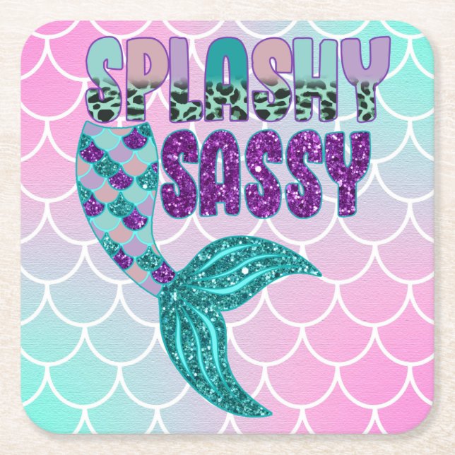 Posavasos Cuadrado De Papel Girly Splashy Sassy Pink Purple Green Mermaid (Anverso)
