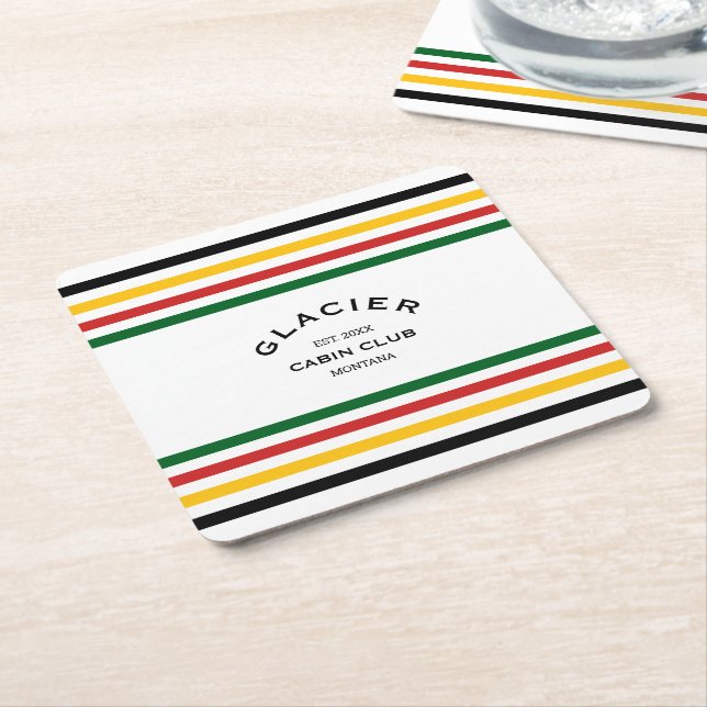 Posavasos Cuadrado De Papel Glacier Cabin Club Personalizado Escudo Stripe (En perspectiva)