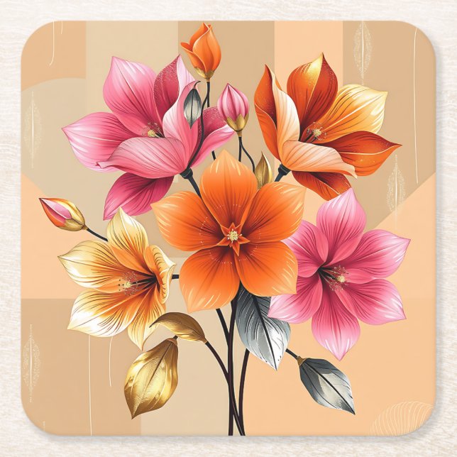 Posavasos Cuadrado De Papel Glam Cubism Art Flowers Coaster (Anverso)