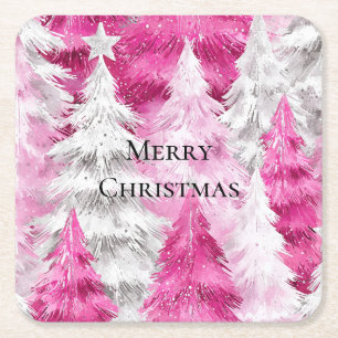 Posavasos Cuadrado De Papel Glam de plata rosada Girly Estribos de árboles de 