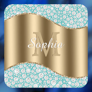 Posavasos Cuadrado De Papel Glam Diamantes en Turquesa, Monograma de Oro, Nomb