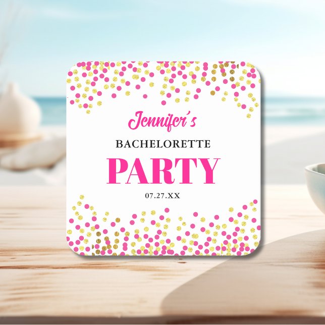 Posavasos Cuadrado De Papel Glam Pink Gold Dots Wedding Bachelorette Party (Subido por el creador)