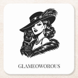 Posavasos Cuadrado De Papel Glam Woman with Cat Fashion Illustration