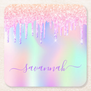 Posavasos Cuadrado De Papel Glitter rosa iridiscente rosa oro arcoíris cumplea