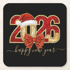 Posavasos Cuadrado De Papel Glittering 2026 New Year Design with Santa Hat
