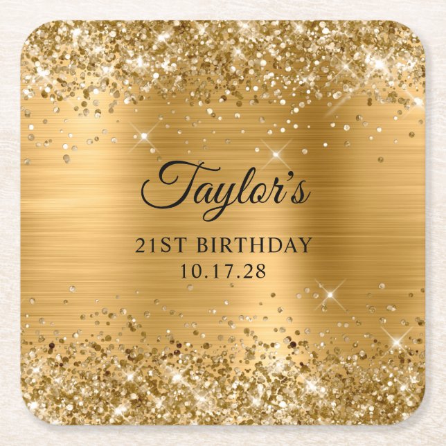 Posavasos Cuadrado De Papel Glittery Gold Foil 21st Birthday (Anverso)
