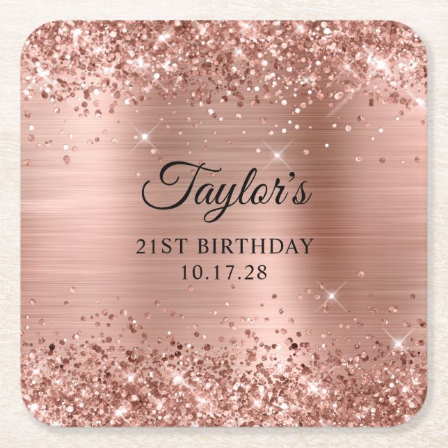 Posavasos Cuadrado De Papel Glittery Rose Gold Foil 21st Birthday (Anverso)