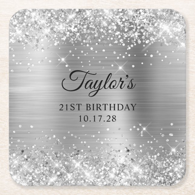 Posavasos Cuadrado De Papel Glittery Silver Foil 21st Birthday (Anverso)