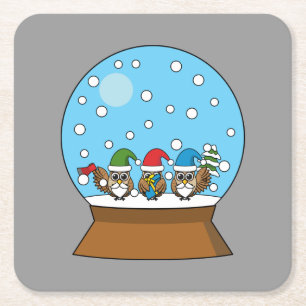 Posavasos Cuadrado De Papel Globe de nieve con tres búhos de gnomo