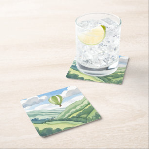 Posavasos Cuadrado De Papel Globo aerostático   Paisaje acuarela verde