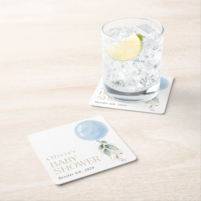 Posavasos Cuadrado De Papel Globo azul, eucalipto, vegetación, Baby Shower (In situ)