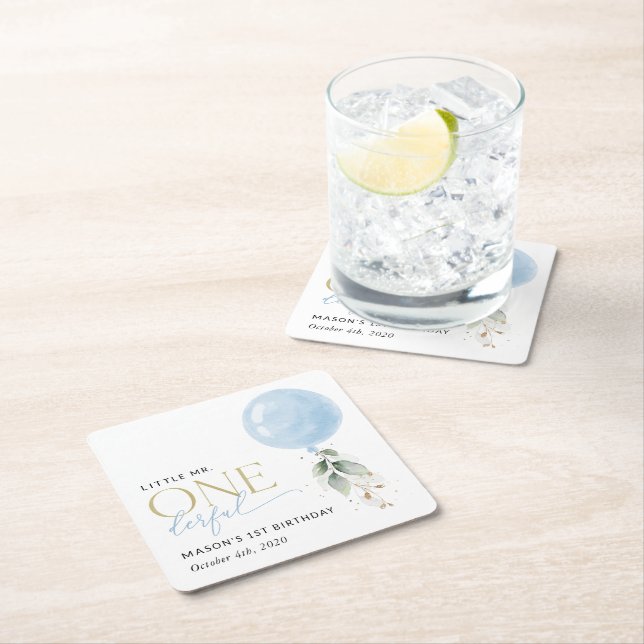 Posavasos Cuadrado De Papel Globo azul, eucalipto, vegetación, primer cumpleañ (In situ)